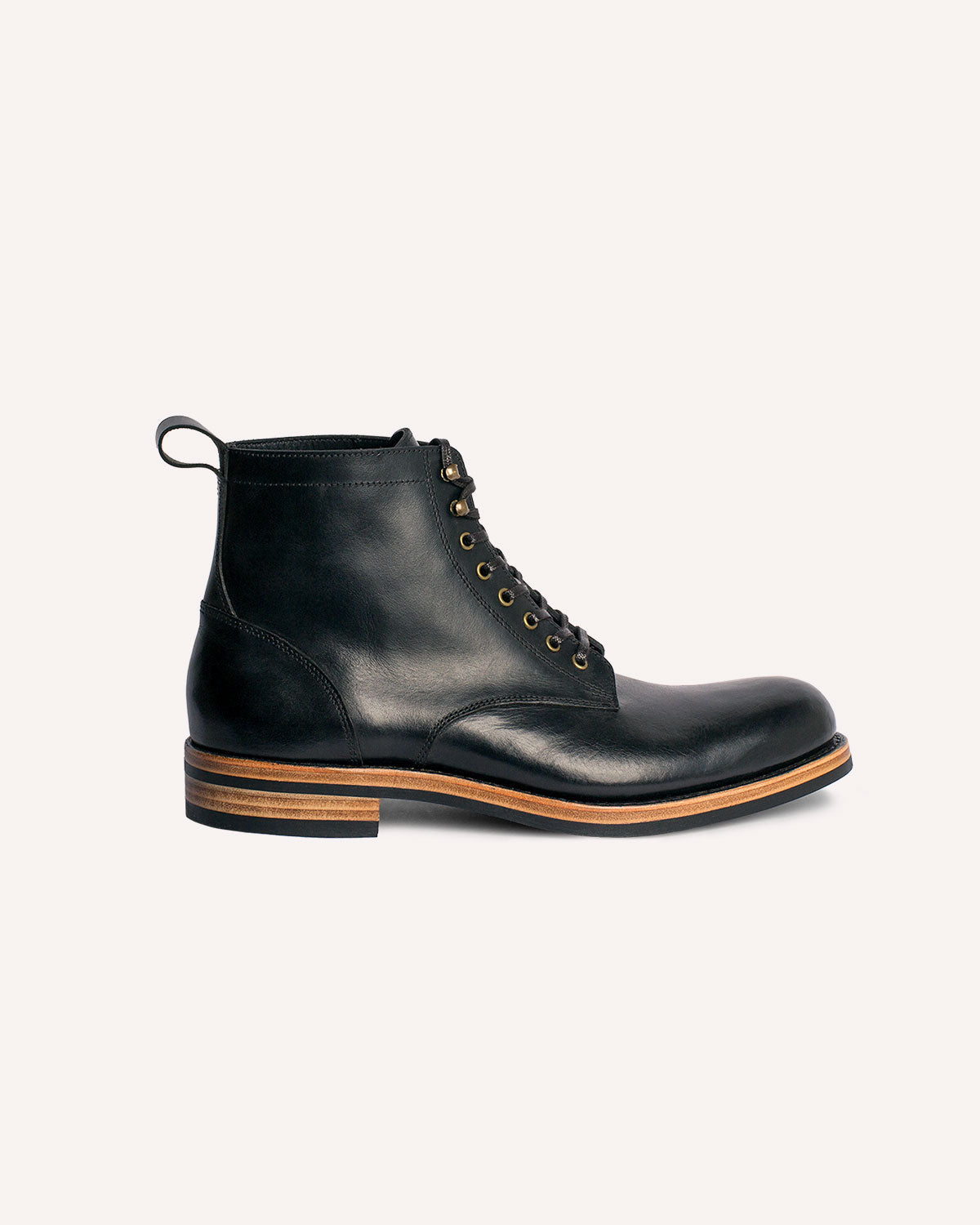 A Derby Boot from Archive Leather Goods, in Black Horween Dublin leather; side view.