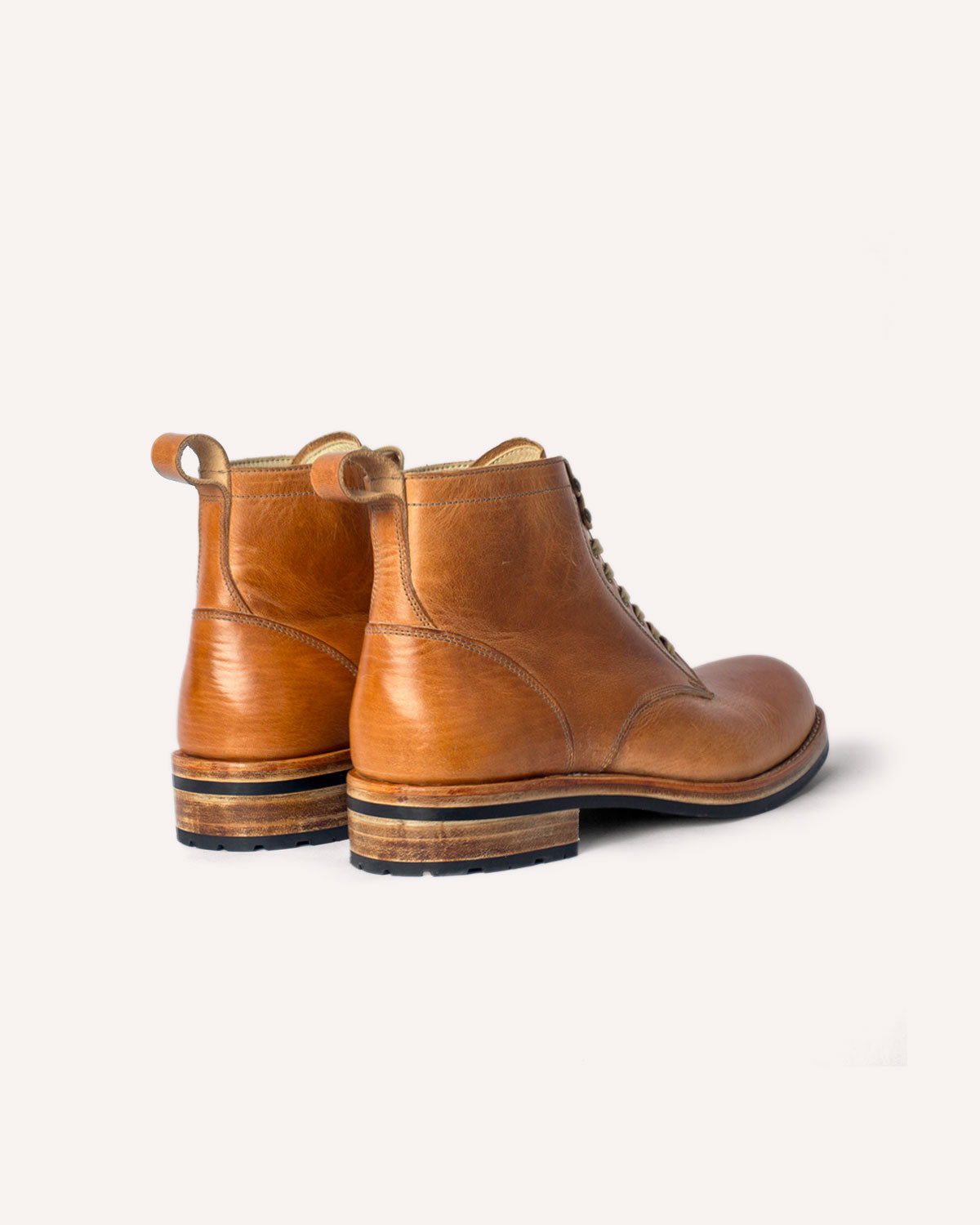A Derby Boot from Archive Leather Goods in Natural Horween Dublin leather; rear view of the heel counter.
