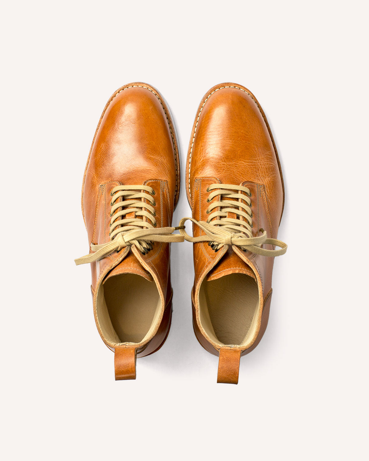 A Derby Boot from Archive Leather Goods in Natural Horween Dublin leather; top-down view.