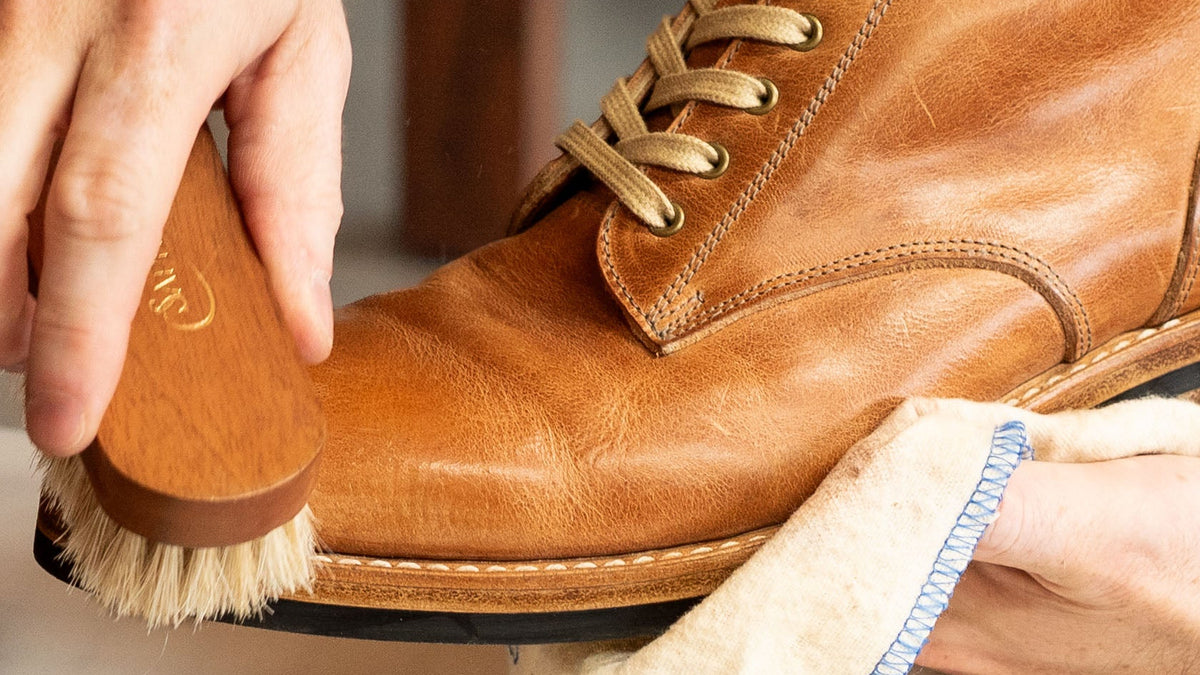 Brushing a Derby Boot in Natural Horween Dublin leather with a horsehair brush.