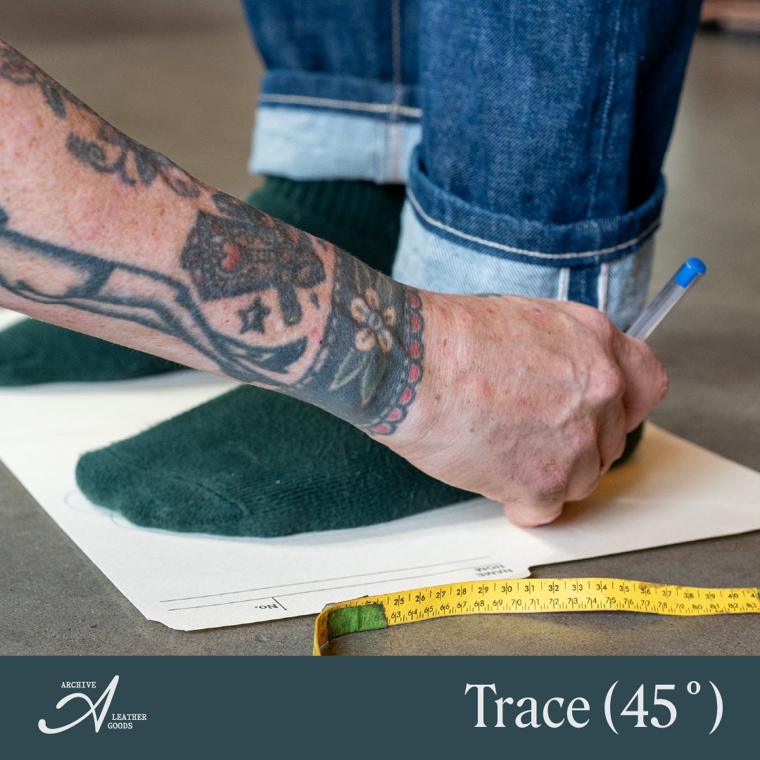 Measurement step: tracing around the foot with the pen angled at 45 degrees.